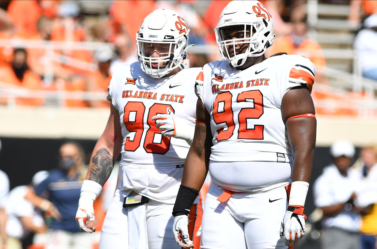 Brendon Evers (98) and Cameron Murray (92) get ready to line up earlier this season against West Virginia.